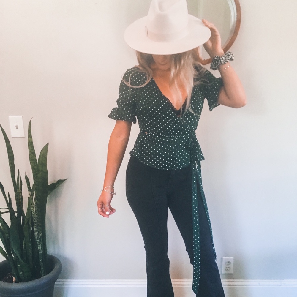Dark green, polkadot wrap shirt